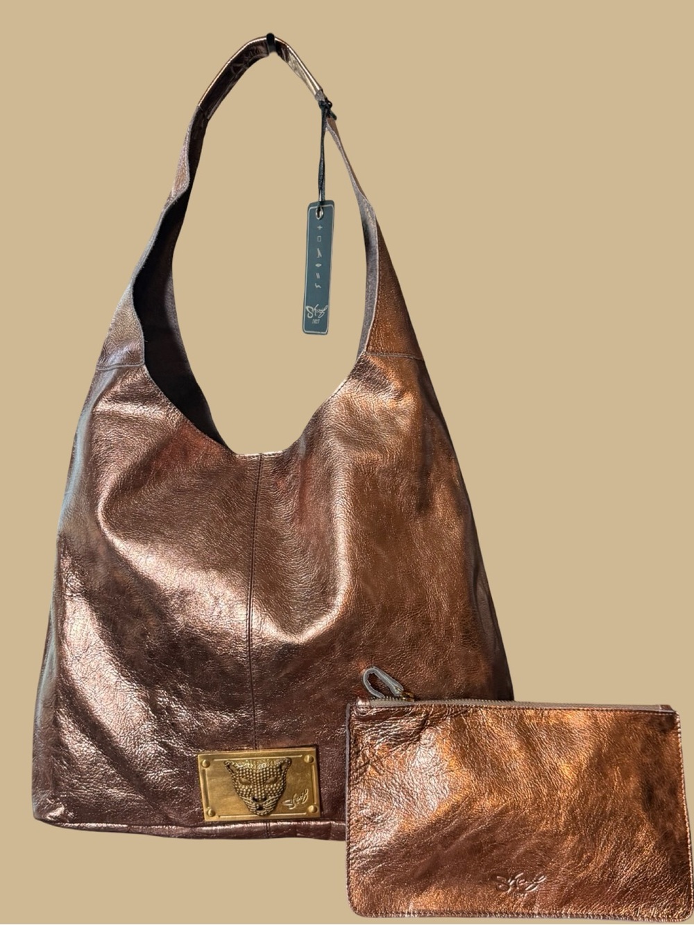 NWT Sharif Legacy Pearlized Slouchy Leather Hobo Bag & Wristlet Set – Bronze Met